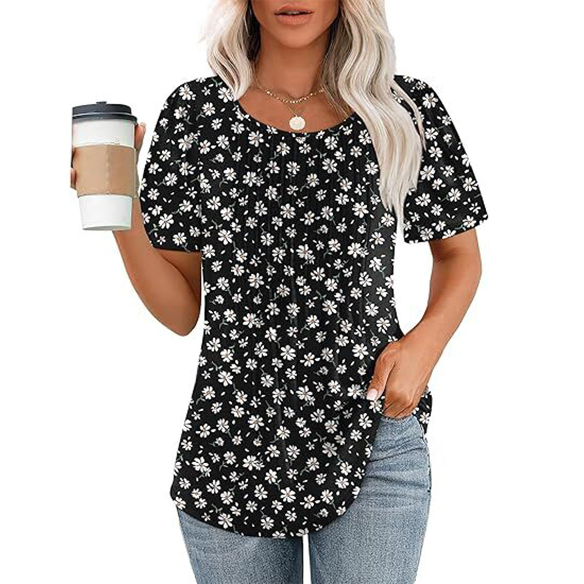 Womens T Shirts Short Sleeve Pleated Dressy Casual Scooped Neck Summer Tops Blouses