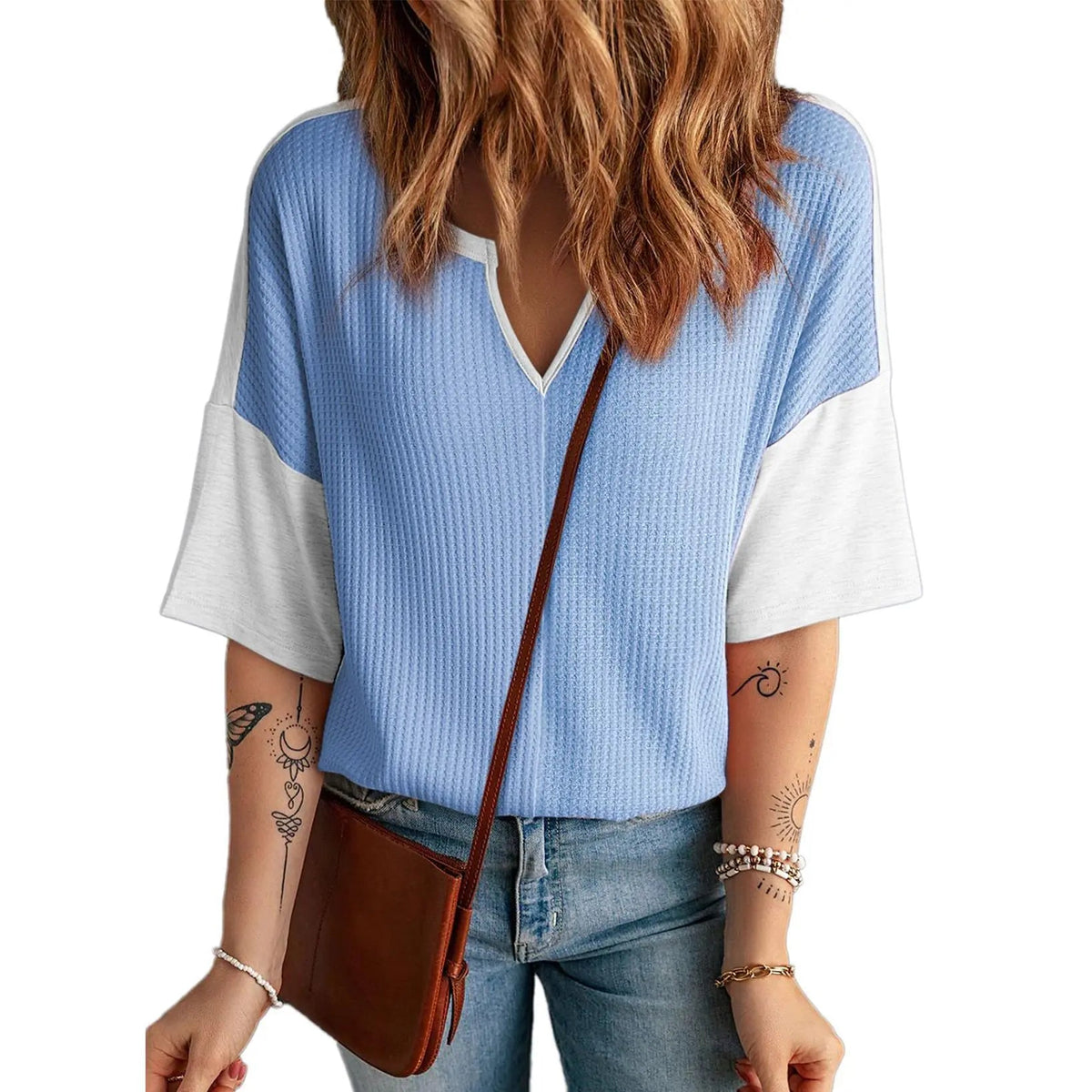 ⏰Last day promotion: Women’s Waffle Knit Summer Tops – Soft Short Sleeve V-Neck Colorblock Casual Shirt
