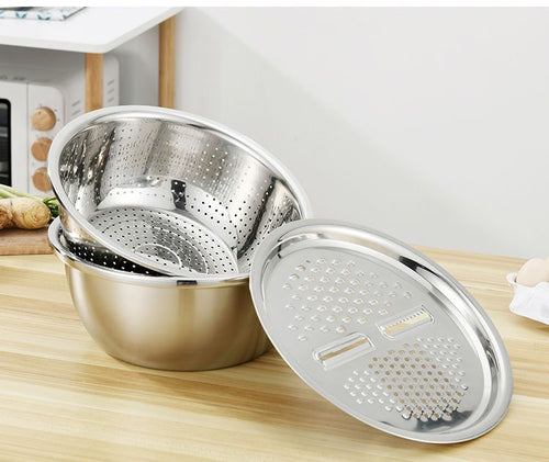 [Three-Piece Set] Stainless Steel Vegetable Cutter, Washing Basin, Shredder, Slicer, Potato Grater, Multi-functional Drain Basket