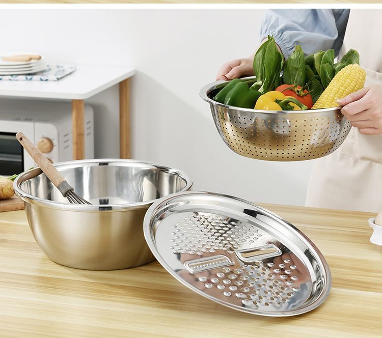 [Three-Piece Set] Stainless Steel Vegetable Cutter, Washing Basin, Shredder, Slicer, Potato Grater, Multi-functional Drain Basket