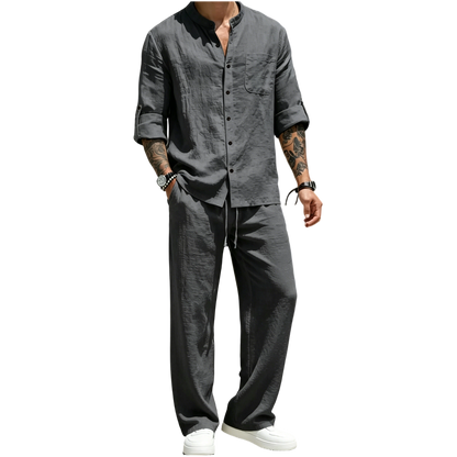 💝💝Men's Linen Stand Collar Long Sleeve Button Shirt & Straight Leg Belted Pants Set