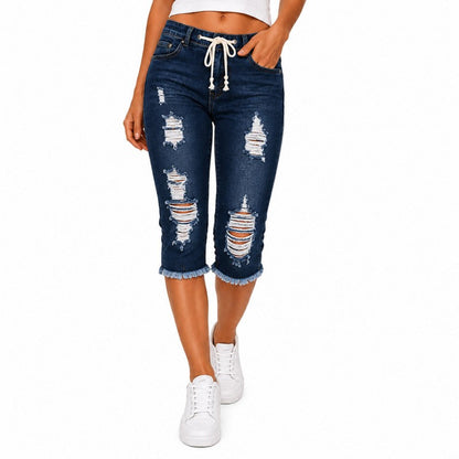 Fashion Distressed Ripped Capri Jeans Plus Size Casual High-Waisted Drawstring Waist Denim Cropped Pants