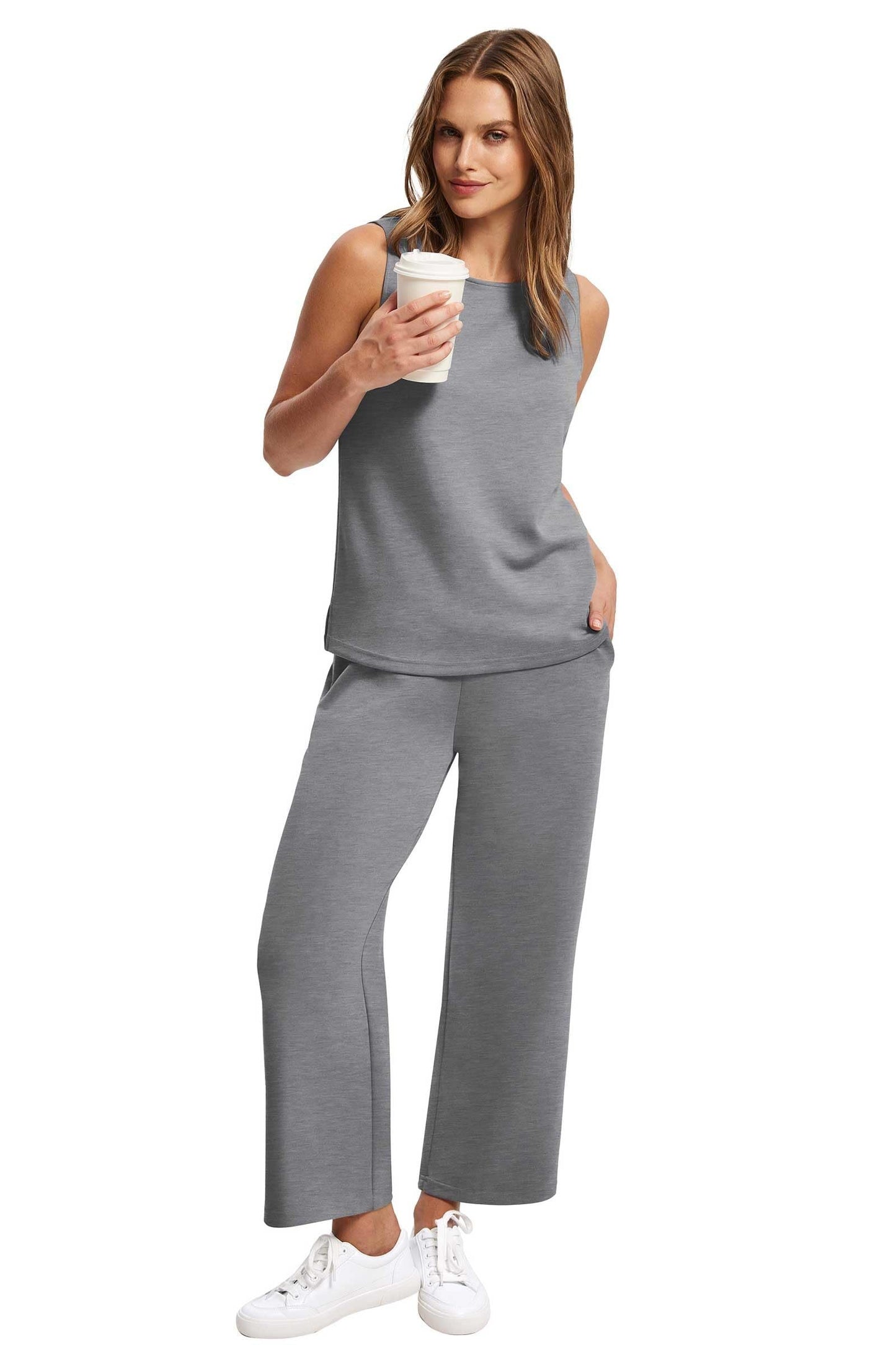 Two Piece Sets for Women Spring/Summer Lounge Sets-Crew neck sleeveless tops with wide leg crop pants
