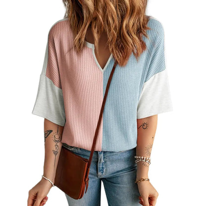 ⏰Last day promotion: Women’s Waffle Knit Summer Tops – Soft Short Sleeve V-Neck Colorblock Casual Shirt