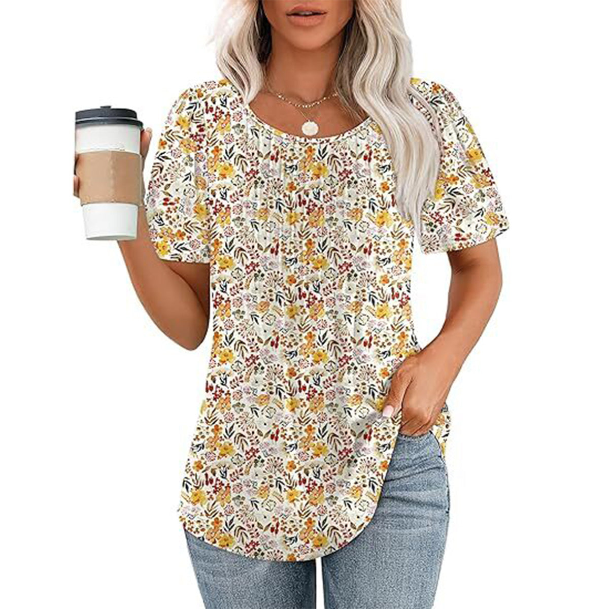 Womens T Shirts Short Sleeve Pleated Dressy Casual Scooped Neck Summer Tops Blouses
