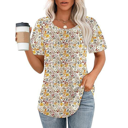 Womens T Shirts Short Sleeve Pleated Dressy Casual Scooped Neck Summer Tops Blouses