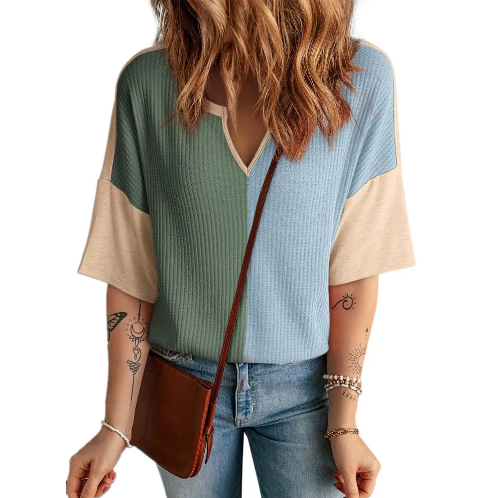 ⏰Last day promotion: Women’s Waffle Knit Summer Tops – Soft Short Sleeve V-Neck Colorblock Casual Shirt