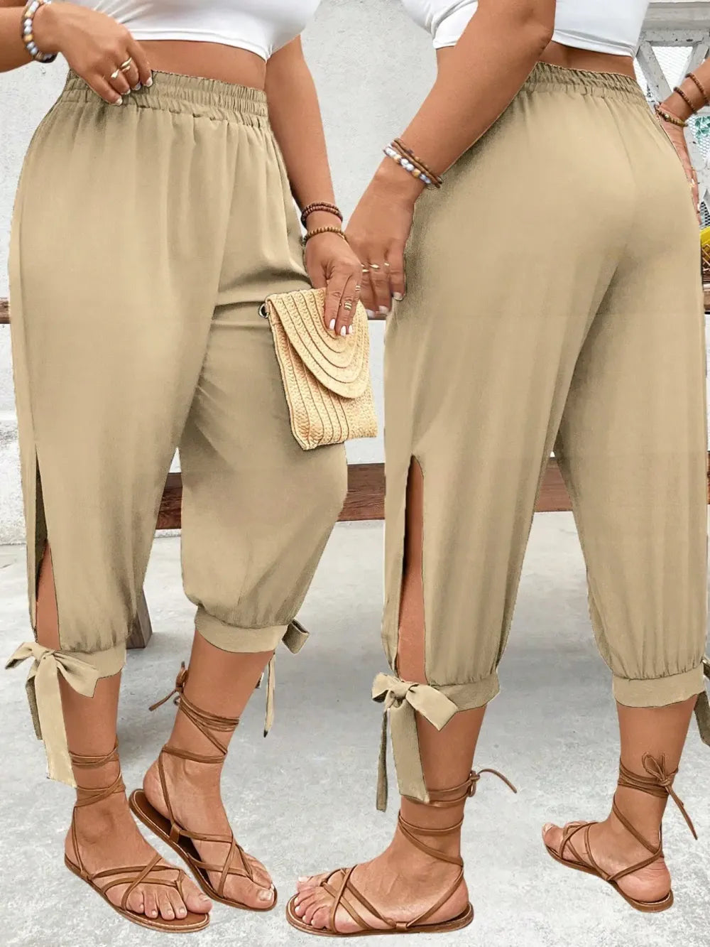 ⏰Last day promotion！Casual Plus Size Plain Capri Pants Elastic Waist Trousers with Side Slit