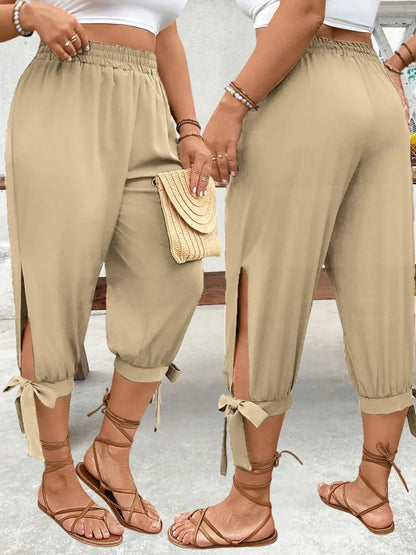 ⏰Last day promotion！Casual Plus Size Plain Capri Pants Elastic Waist Trousers with Side Slit