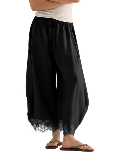 Women’s Lace-Trim Wide-Leg Pants – Lightweight Casual Trousers with Elastic Drawstring Waist