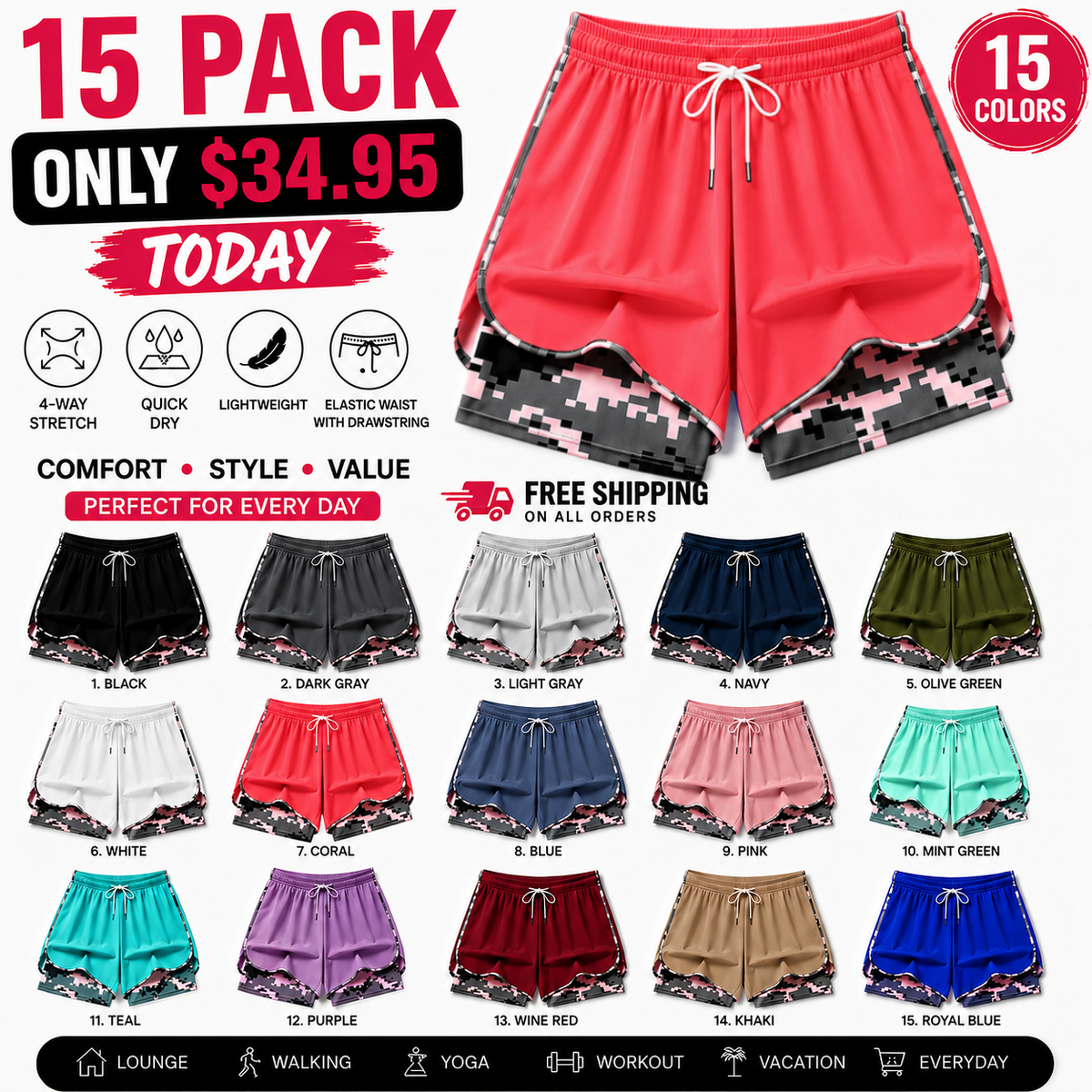 Women’s casual athletic shorts with pockets