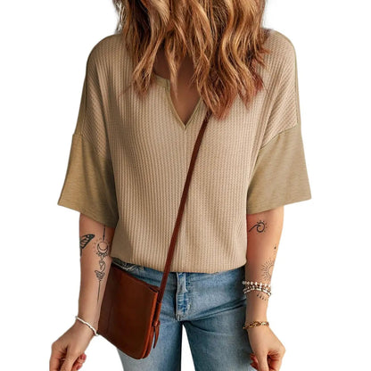 ⏰Last day promotion: Women’s Waffle Knit Summer Tops – Soft Short Sleeve V-Neck Colorblock Casual Shirt