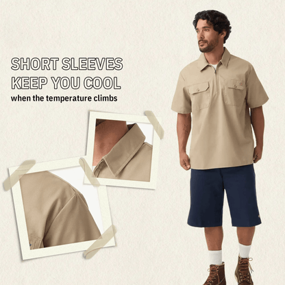 1/4 Zip Work Shirt,Relaxed fit,Stay cool,Workwear Style Top Breathable Short Man