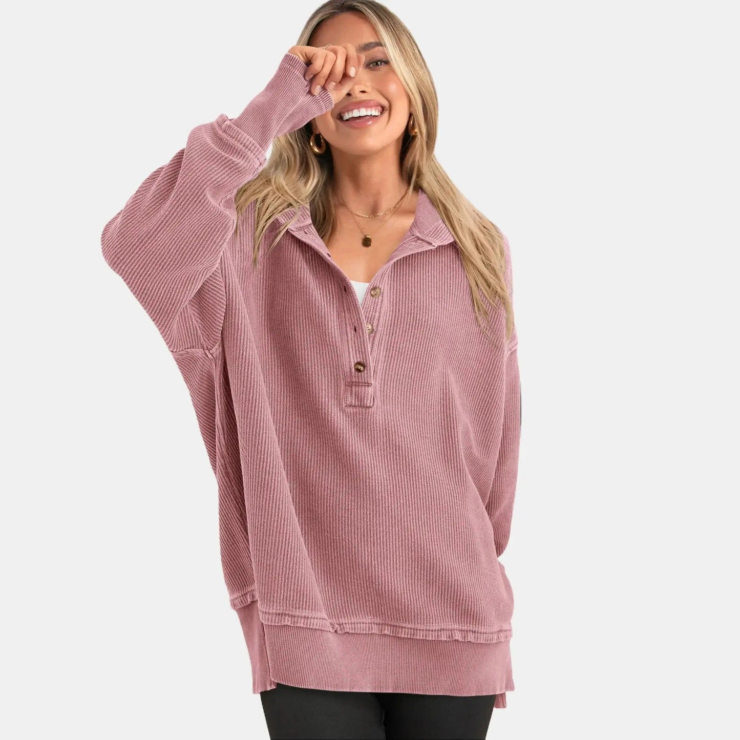 🔥Women's Oversized Button V-Neck Hoodie Sweatshirt Long Sleeve Side Slit Casual Fall Pullover Top