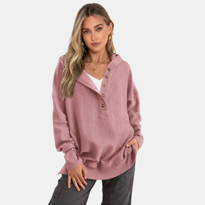 🔥Women's Oversized Button V-Neck Hoodie Sweatshirt Long Sleeve Side Slit Casual Fall Pullover Top