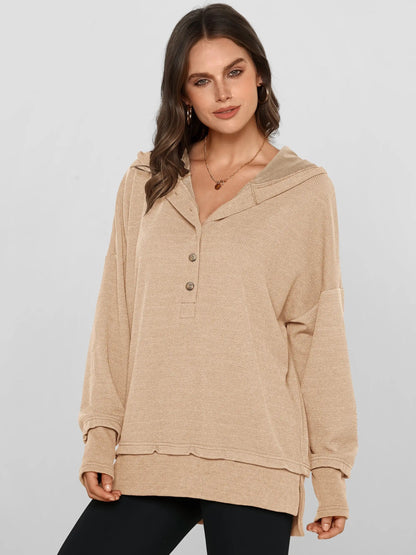 Women’s Oversized V-Neck Hoodie – Relaxed Button Pullover with Side Slits