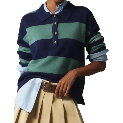Women's Striped Collared Rugby Polo Sweater Long Sleeve Soft Knit Y2K Casual Pullover Top