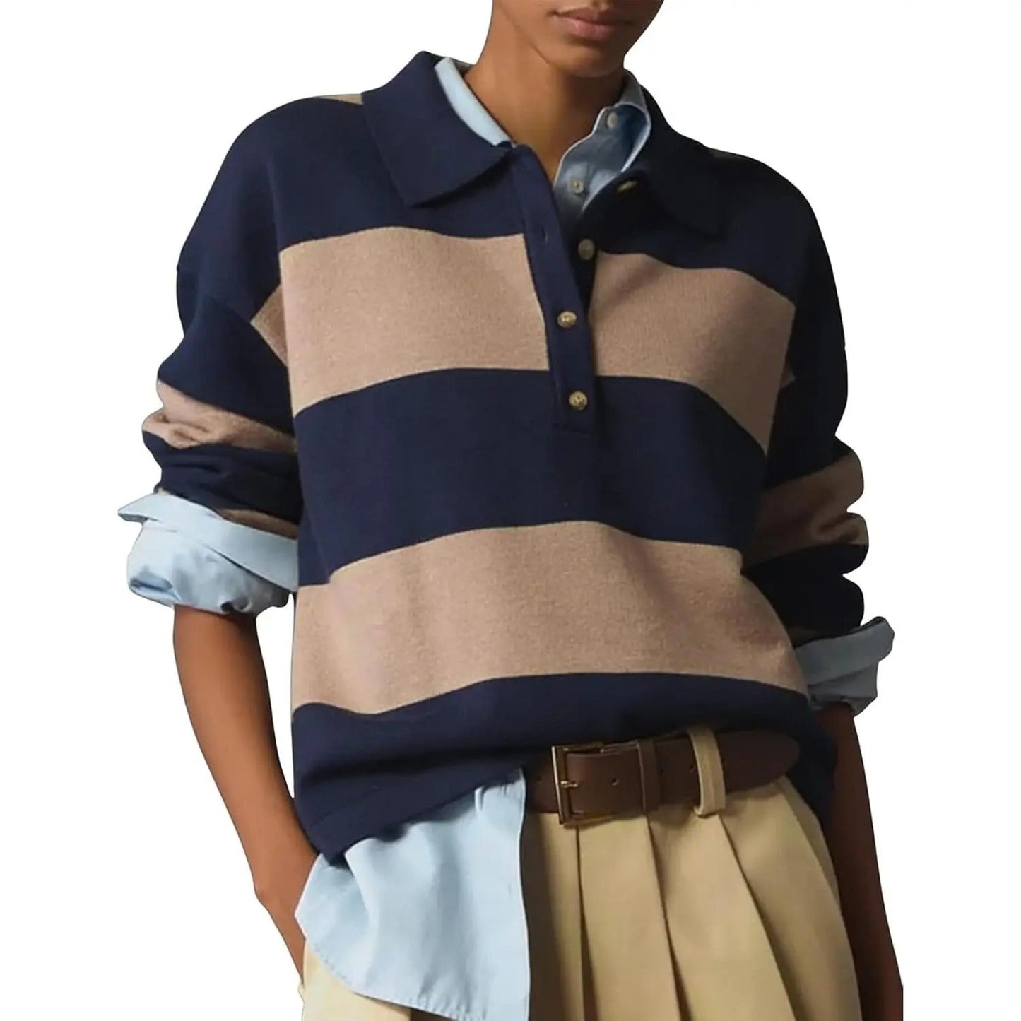 Women's Striped Collared Rugby Polo Sweater Long Sleeve Soft Knit Y2K Casual Pullover Top