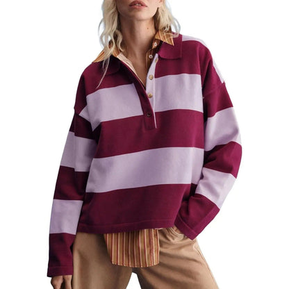 Women's Striped Collared Rugby Polo Sweater Long Sleeve Soft Knit Y2K Casual Pullover Top