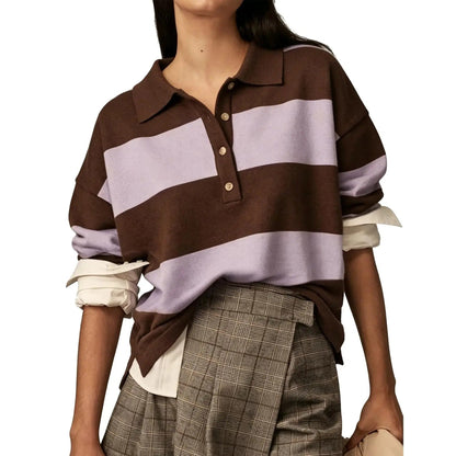 Women's Striped Collared Rugby Polo Sweater Long Sleeve Soft Knit Y2K Casual Pullover Top