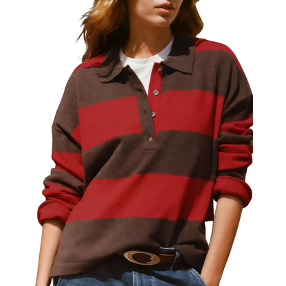 Women's Striped Collared Rugby Polo Sweater Long Sleeve Soft Knit Y2K Casual Pullover Top