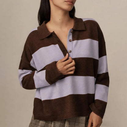 Women's Striped Collared Rugby Polo Sweater Long Sleeve Soft Knit Y2K Casual Pullover Top