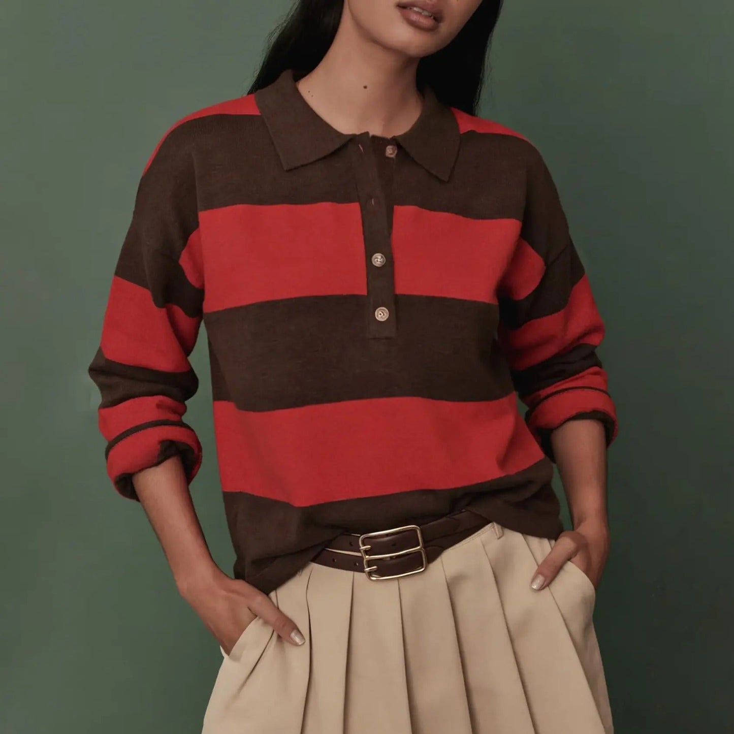 Women's Striped Collared Rugby Polo Sweater Long Sleeve Soft Knit Y2K Casual Pullover Top