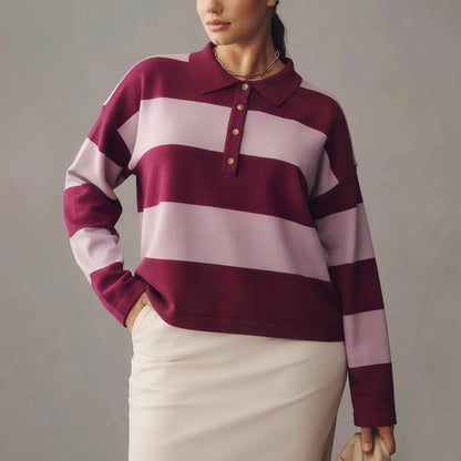 Women's Striped Collared Rugby Polo Sweater Long Sleeve Soft Knit Y2K Casual Pullover Top