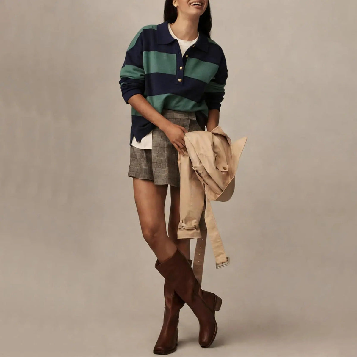 Women's Striped Collared Rugby Polo Sweater Long Sleeve Soft Knit Y2K Casual Pullover Top