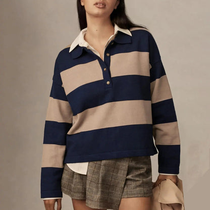 Women's Striped Collared Rugby Polo Sweater Long Sleeve Soft Knit Y2K Casual Pullover Top