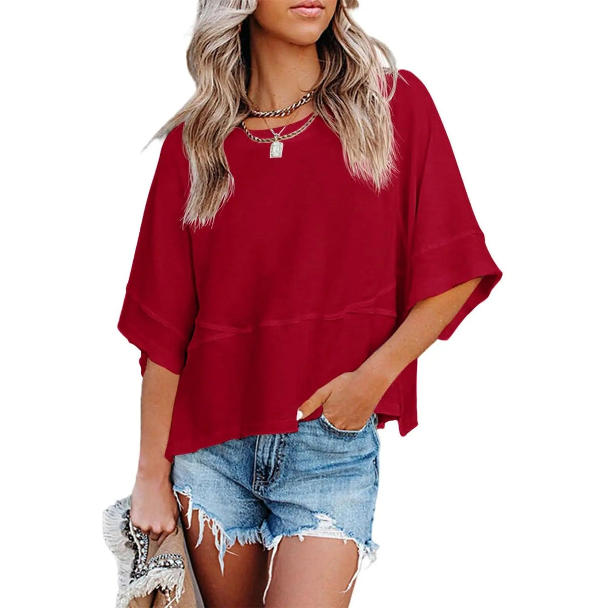 Women's Oversized Batwing Half Sleeve T-Shirt Casual Crewneck Flowy Loose Fit Minimalist Top