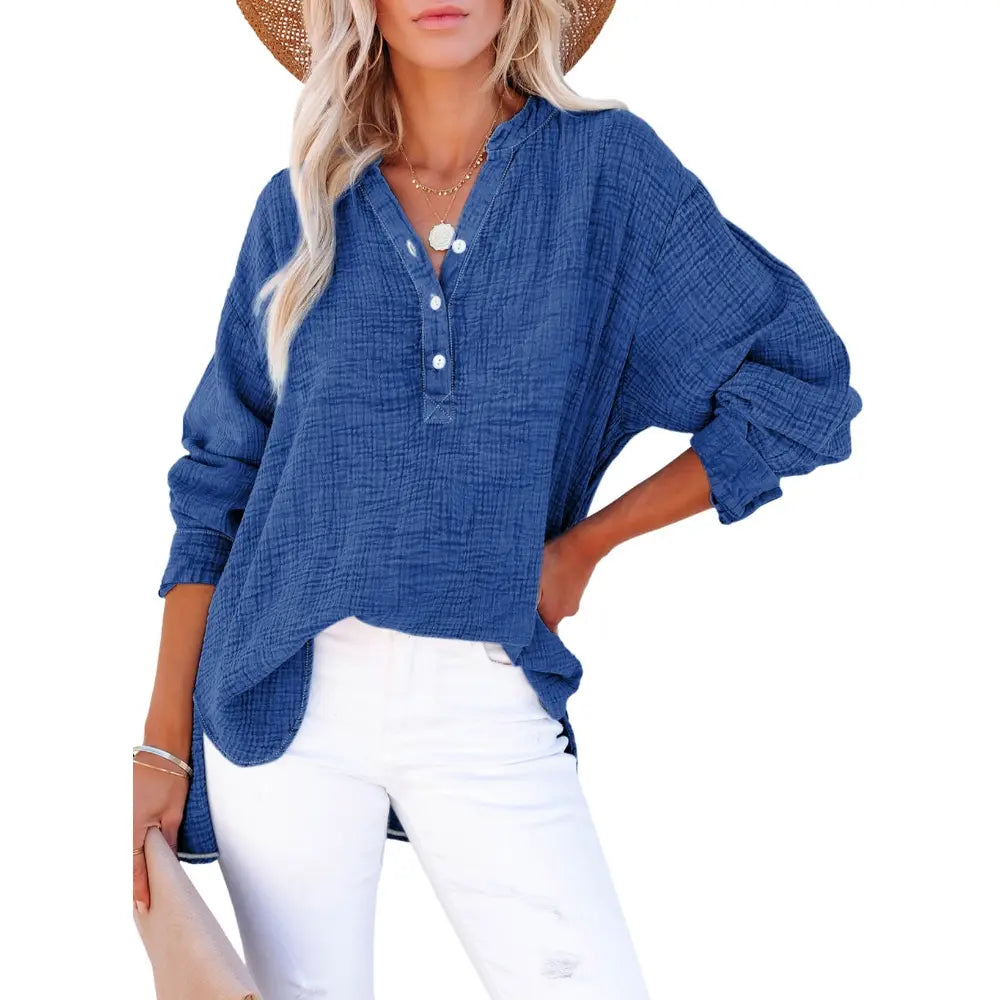 🔥 TODAY ONLY ：Casual V Neck Cotton Blouse - Loose Fit