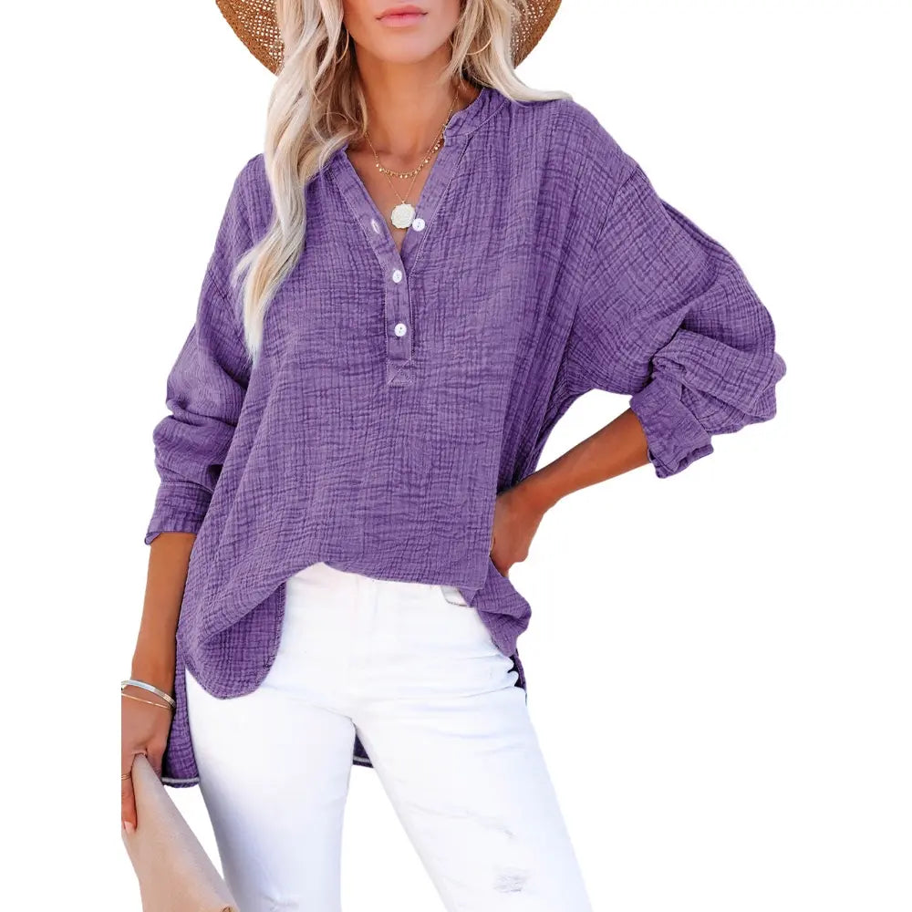 🔥 TODAY ONLY ：Casual V Neck Cotton Blouse - Loose Fit