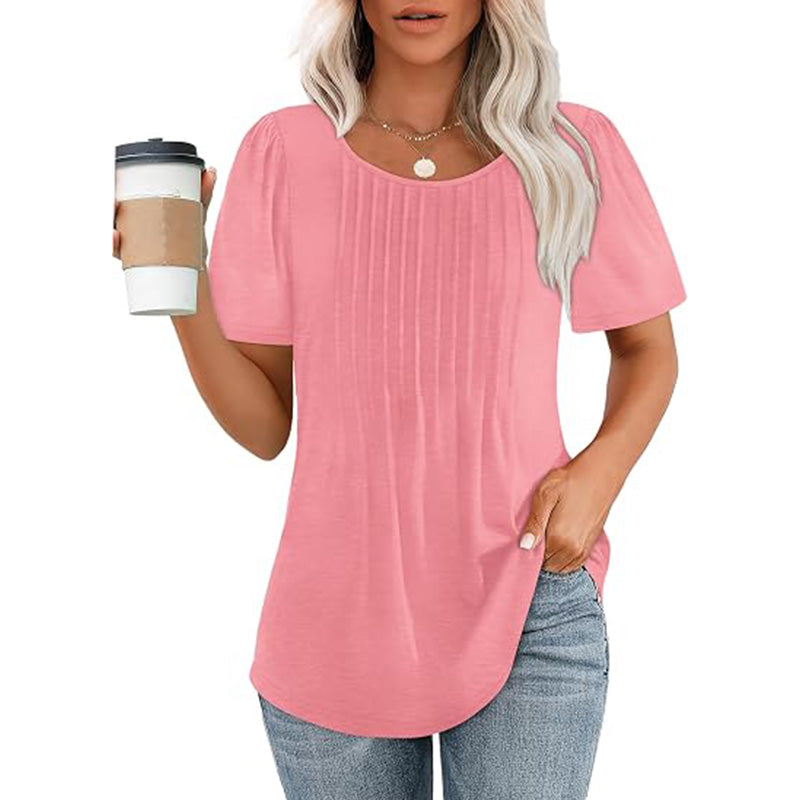 Womens T Shirts Short Sleeve Pleated Dressy Casual Scooped Neck Summer Tops Blouses