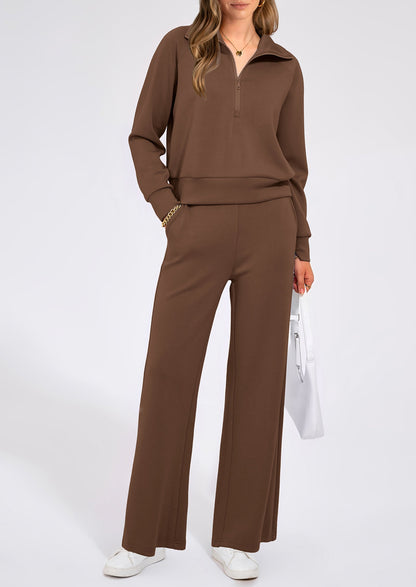 Women's 2 Piece Outfits Casual Lapel Half Zip Sweatshirts And Wide Leg Pants Tracksuit Sets