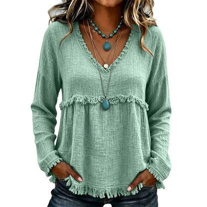 Boho Western Fringe V‑Neck Long Sleeve Blouse, Women Loose Fit Fall Tunic Top