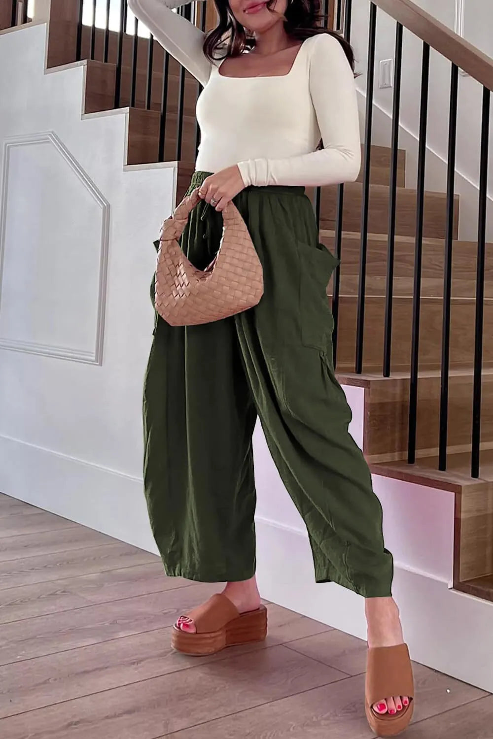 Womens Linen Wide Leg Pants Casual Loose Drawstring Low Waist Beach Palazzo Harem Pants with Pockets.