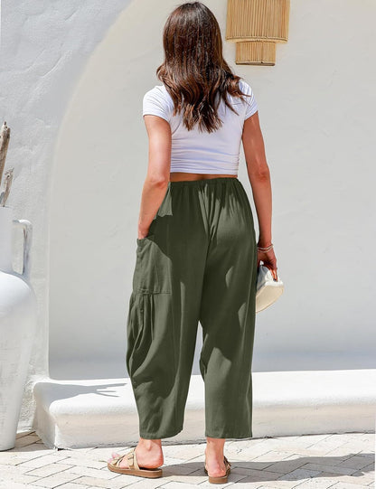 Womens Linen Wide Leg Pants Casual Loose Drawstring Low Waist Beach Palazzo Harem Pants with Pockets.