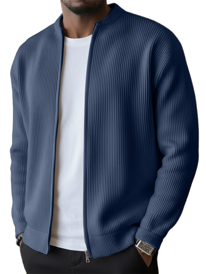 Men's Simple Casual Ribbed Stand Collar Zipper Long Sleeved Jacket（1）