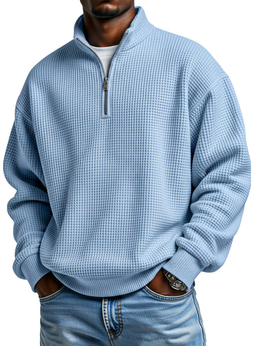 Men's casual loose-fitting simple zip-up stand collar long-sleeved polo shirt