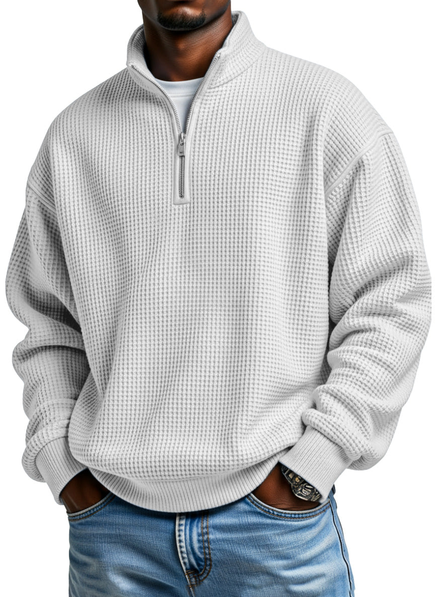 Men's casual loose-fitting simple zip-up stand collar long-sleeved polo shirt
