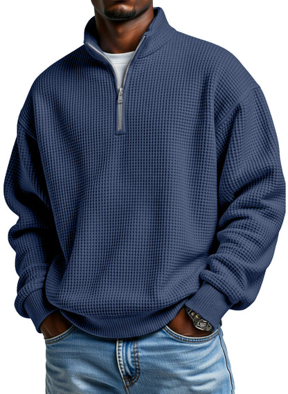 Men's casual loose-fitting simple zip-up stand collar long-sleeved polo shirt