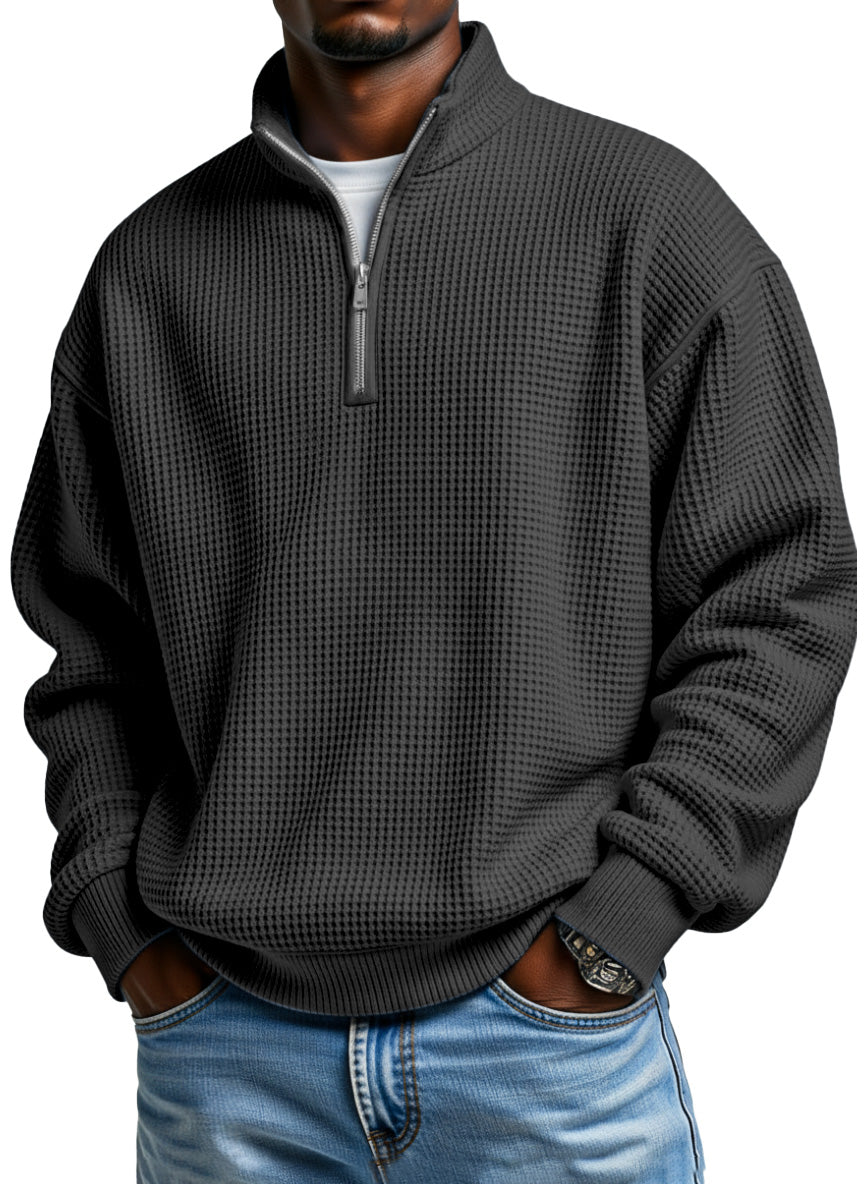 Men's casual loose-fitting simple zip-up stand collar long-sleeved polo shirt