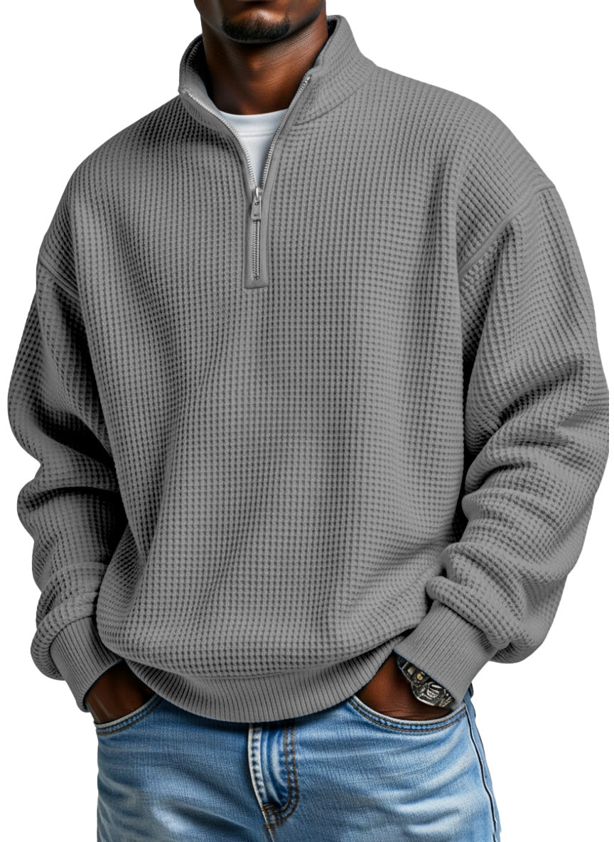 Men's casual loose-fitting simple zip-up stand collar long-sleeved polo shirt