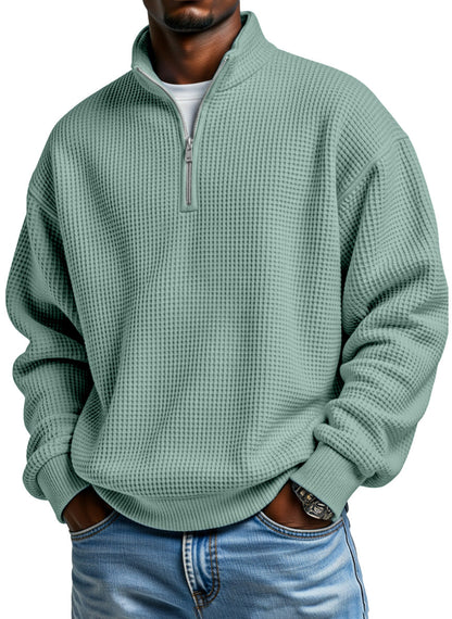 Men's casual loose-fitting simple zip-up stand collar long-sleeved polo shirt