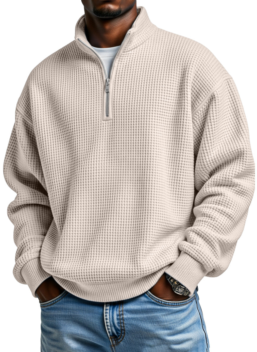 Men's casual loose-fitting simple zip-up stand collar long-sleeved polo shirt