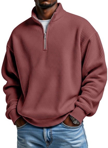 Men's casual loose-fitting simple zip-up stand collar long-sleeved polo shirt
