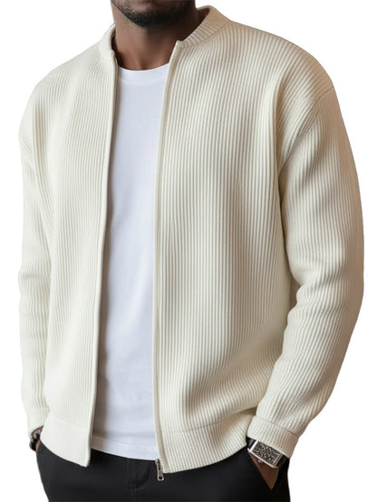 Men's Simple Casual Ribbed Stand Collar Zipper Long Sleeved Jacket（1）