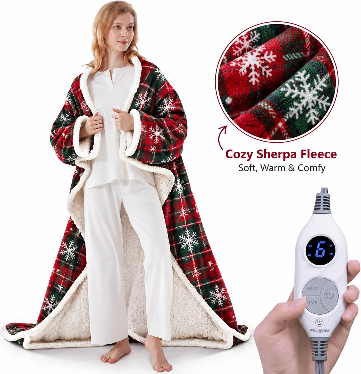 🔥 Wearable Heated Sherpa Blanket with Foot Pocket – Cozy Warmth & Auto Shut-Off