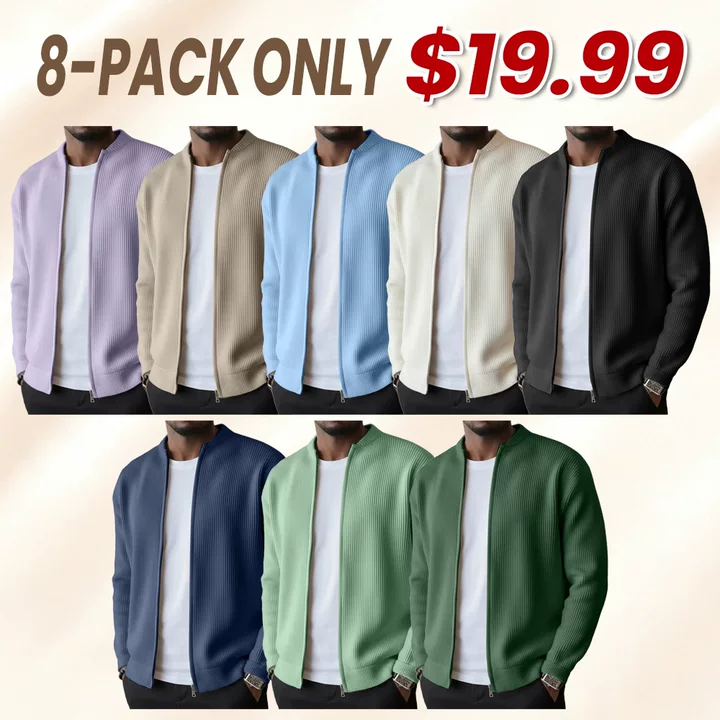 Men's Simple Casual Ribbed Stand Collar Zipper Long Sleeved Jacket